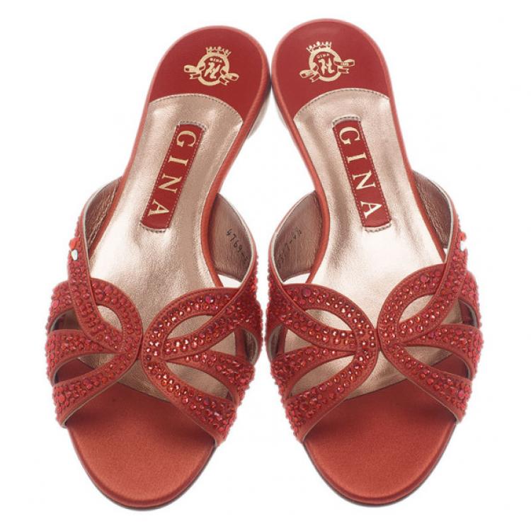 Pre Owned Gina Pink Satin Crystal Sabrina Flat Sandals Size 37.5