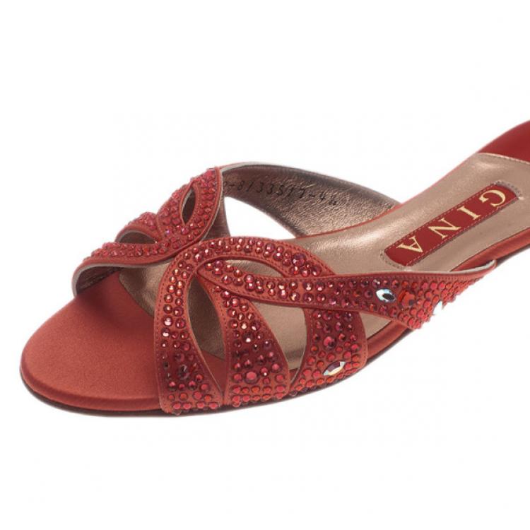 Pre Owned Gina Pink Satin Crystal Sabrina Flat Sandals Size 37.5