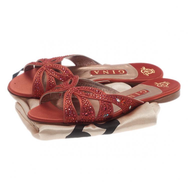 Pre Owned Gina Pink Satin Crystal Sabrina Flat Sandals Size 37.5