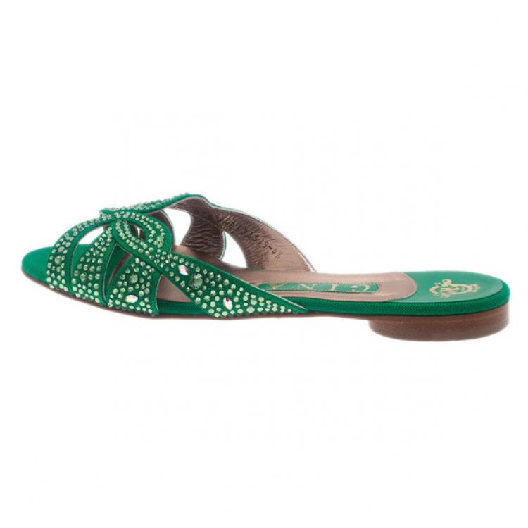 Pre Owned Gina Green Canvas Crystal Sabrina Flat Sandals Size 37.5