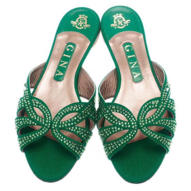 Pre Owned Gina Green Canvas Crystal Sabrina Flat Sandals Size 37.5