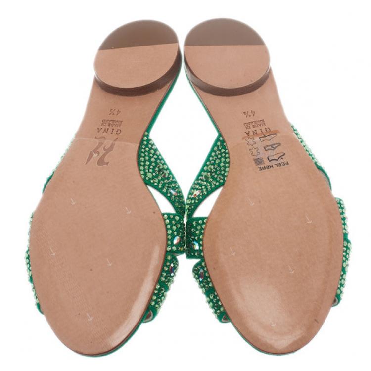 Pre Owned Gina Green Canvas Crystal Sabrina Flat Sandals Size 37.5