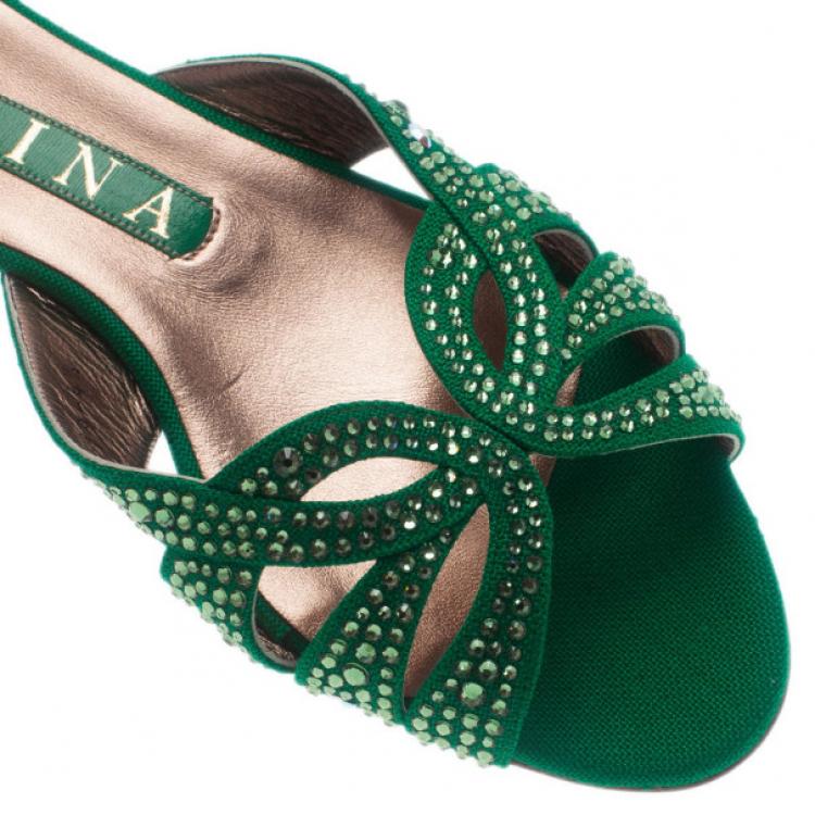 Pre Owned Gina Green Canvas Crystal Sabrina Flat Sandals Size 37.5