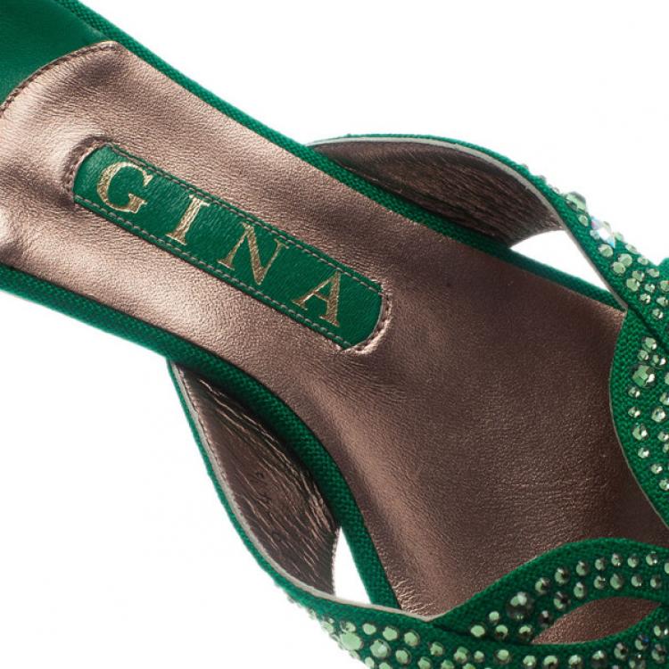 Pre Owned Gina Green Canvas Crystal Sabrina Flat Sandals Size 37.5
