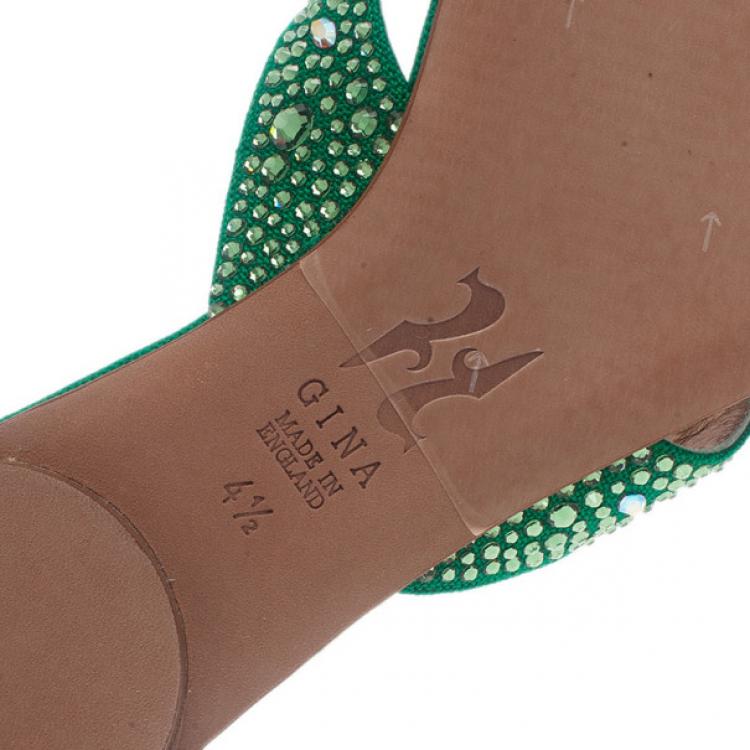 Pre Owned Gina Green Canvas Crystal Sabrina Flat Sandals Size 37.5
