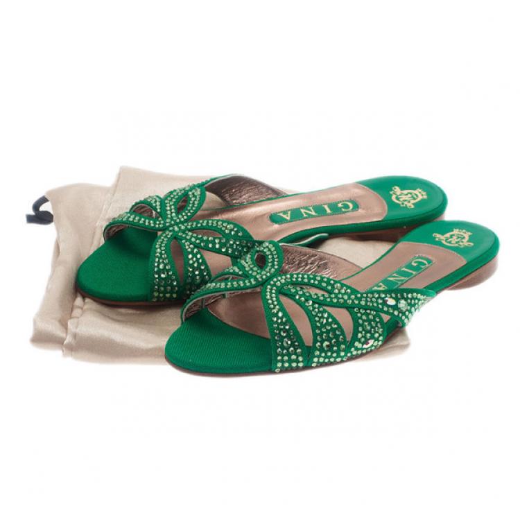 Pre Owned Gina Green Canvas Crystal Sabrina Flat Sandals Size 37.5