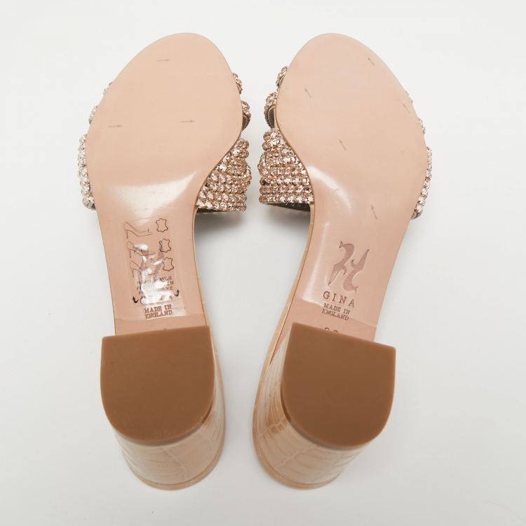 Pre Owned Gina Beige Leather Crystal Embellished Slide Sandals Size 39
