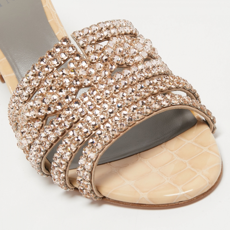 Pre Owned Gina Beige Leather Crystal Embellished Slide Sandals Size 39