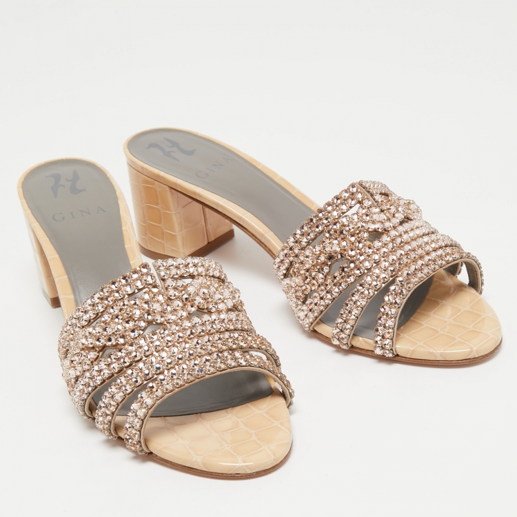 Pre Owned Gina Beige Leather Crystal Embellished Slide Sandals Size 39