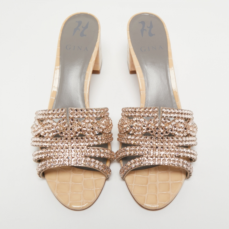 Pre Owned Gina Beige Leather Crystal Embellished Slide Sandals Size 39