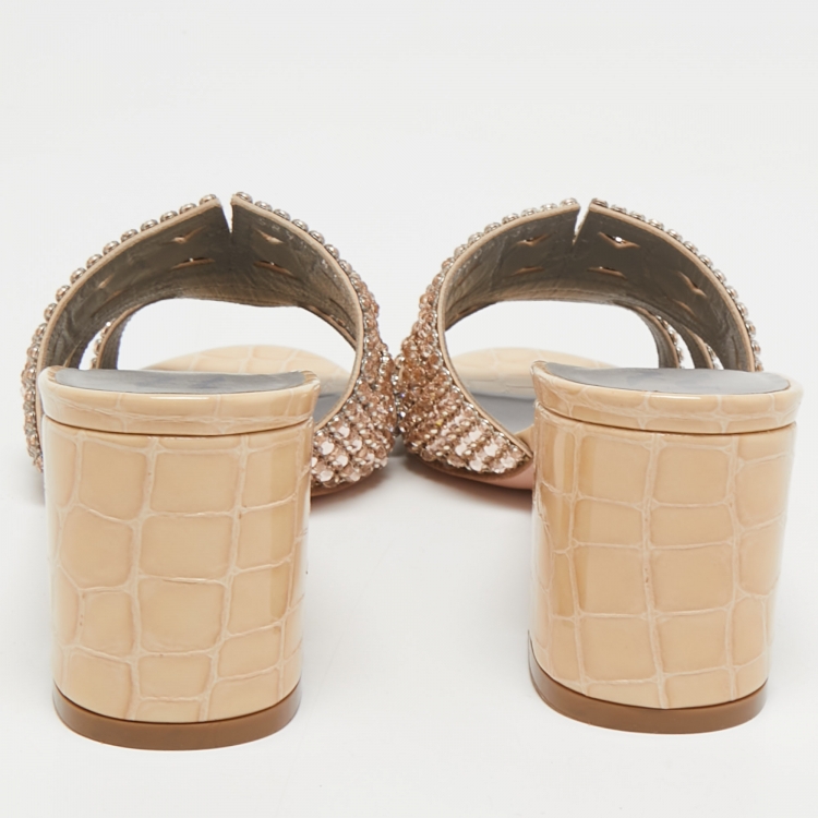 Pre Owned Gina Beige Leather Crystal Embellished Slide Sandals Size 39