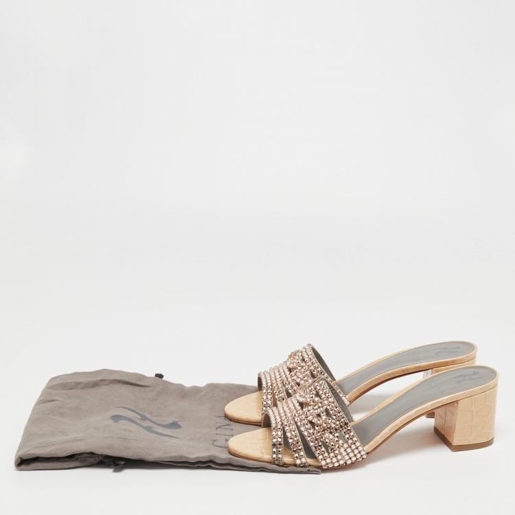 Pre Owned Gina Beige Leather Crystal Embellished Slide Sandals Size 39