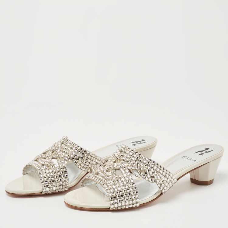 Pre Owned Gina White/Silver Patent Leather Crystal Embellished Slides Size 39