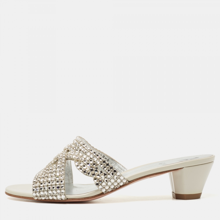 Pre Owned Gina White/Silver Patent Leather Crystal Embellished Slides Size 39