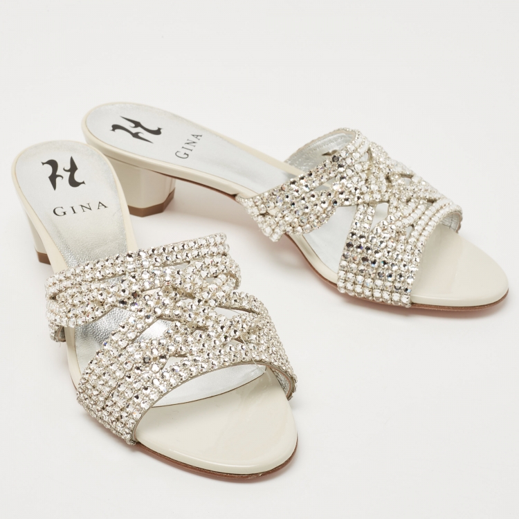 Pre Owned Gina White/Silver Patent Leather Crystal Embellished Slides Size 39