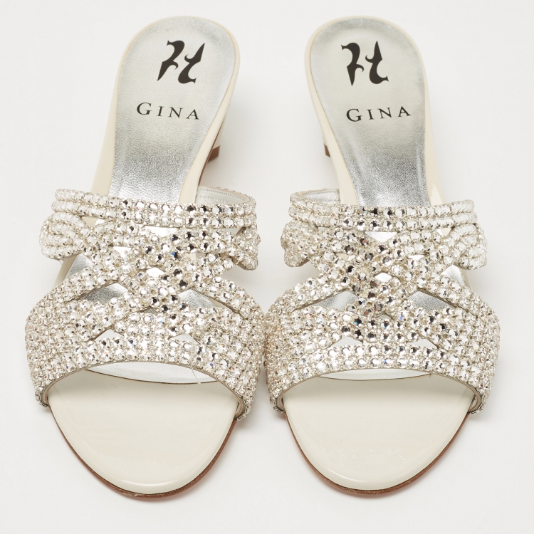 Pre Owned Gina White/Silver Patent Leather Crystal Embellished Slides Size 39