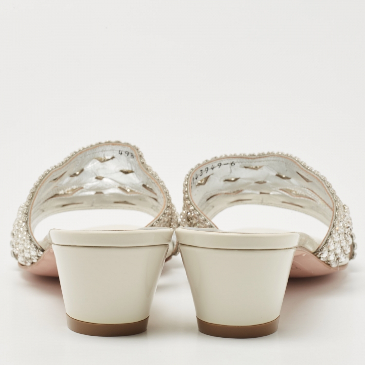 Pre Owned Gina White/Silver Patent Leather Crystal Embellished Slides Size 39