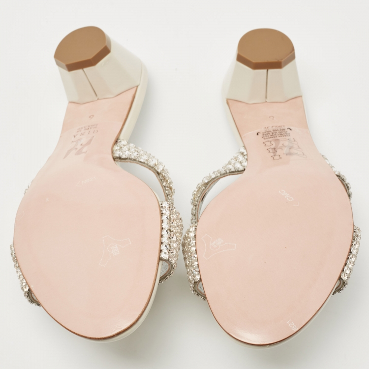 Pre Owned Gina White/Silver Patent Leather Crystal Embellished Slides Size 39