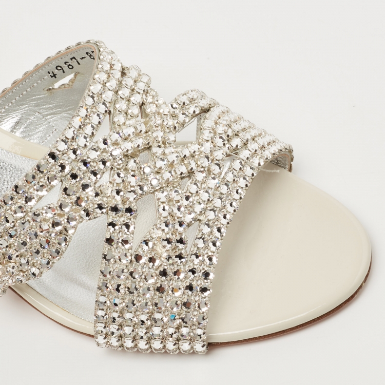 Pre Owned Gina White/Silver Patent Leather Crystal Embellished Slides Size 39