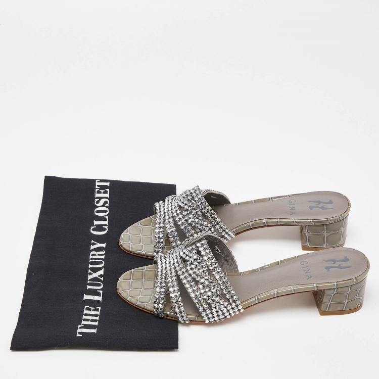 Pre Owned Gina Grey Croc Embossed Patent Leather Crystal Embellished Slide Sandals Size 38.5