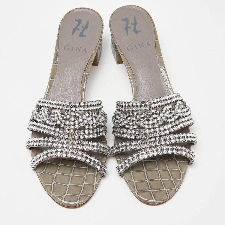 Pre Owned Gina Grey Croc Embossed Patent Leather Crystal Embellished Slide Sandals Size 38.5