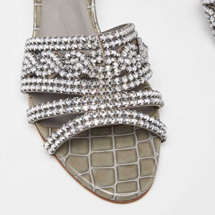Pre Owned Gina Grey Croc Embossed Patent Leather Crystal Embellished Slide Sandals Size 38.5
