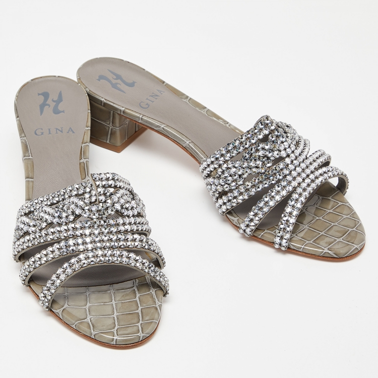 Pre Owned Gina Grey Croc Embossed Patent Leather Crystal Embellished Slide Sandals Size 38.5