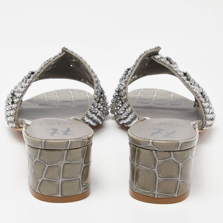 Pre Owned Gina Grey Croc Embossed Patent Leather Crystal Embellished Slide Sandals Size 38.5