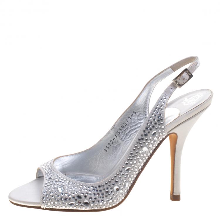 Pre Owned Gina Silver Crystal Embellished Satin Slingback Sandals Size 38