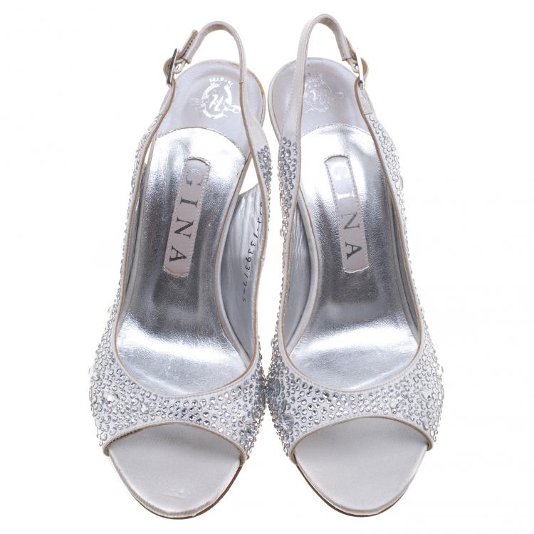 Pre Owned Gina Silver Crystal Embellished Satin Slingback Sandals Size 38