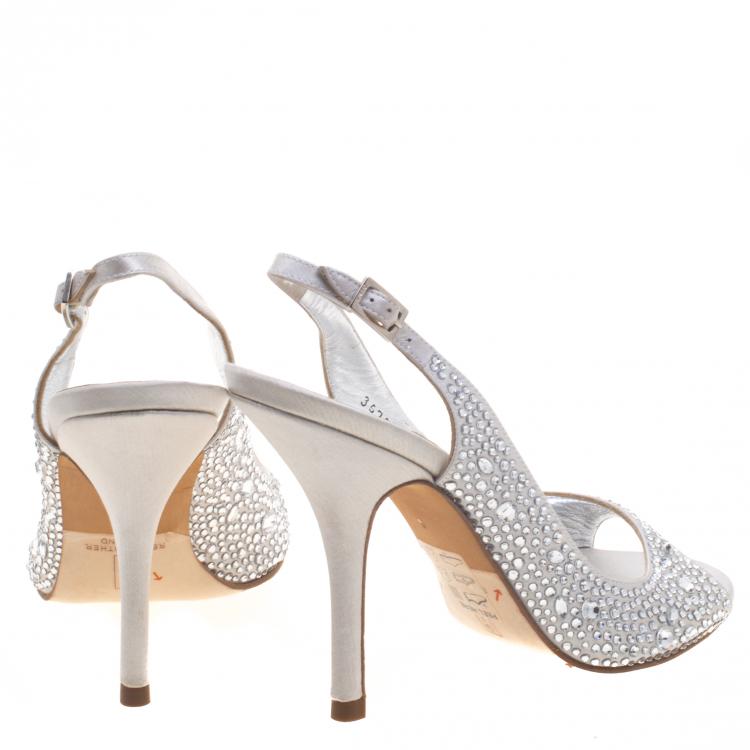 Pre Owned Gina Silver Crystal Embellished Satin Slingback Sandals Size 38