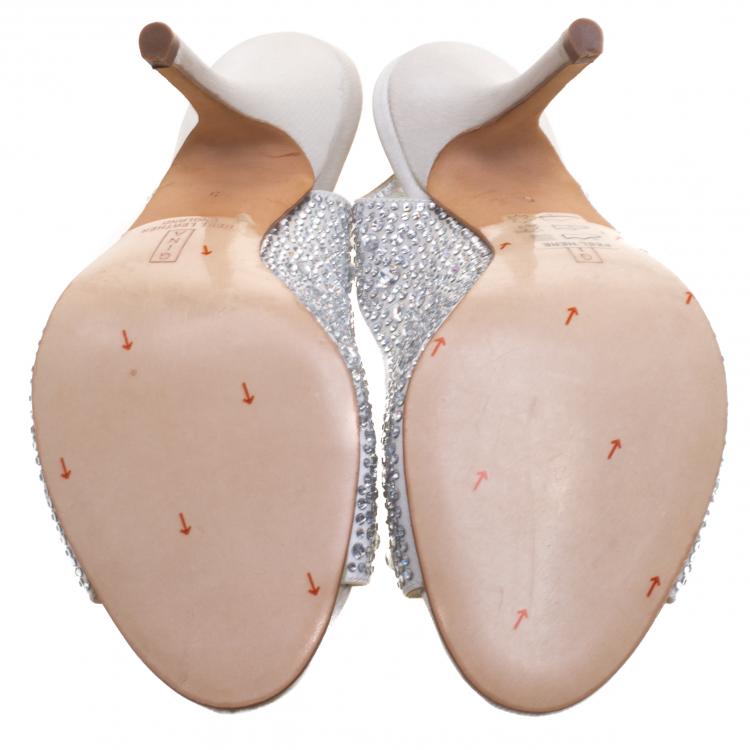 Pre Owned Gina Silver Crystal Embellished Satin Slingback Sandals Size 38