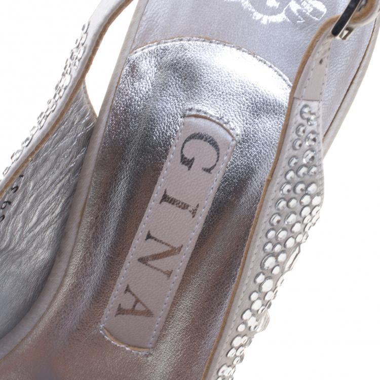 Pre Owned Gina Silver Crystal Embellished Satin Slingback Sandals Size 38