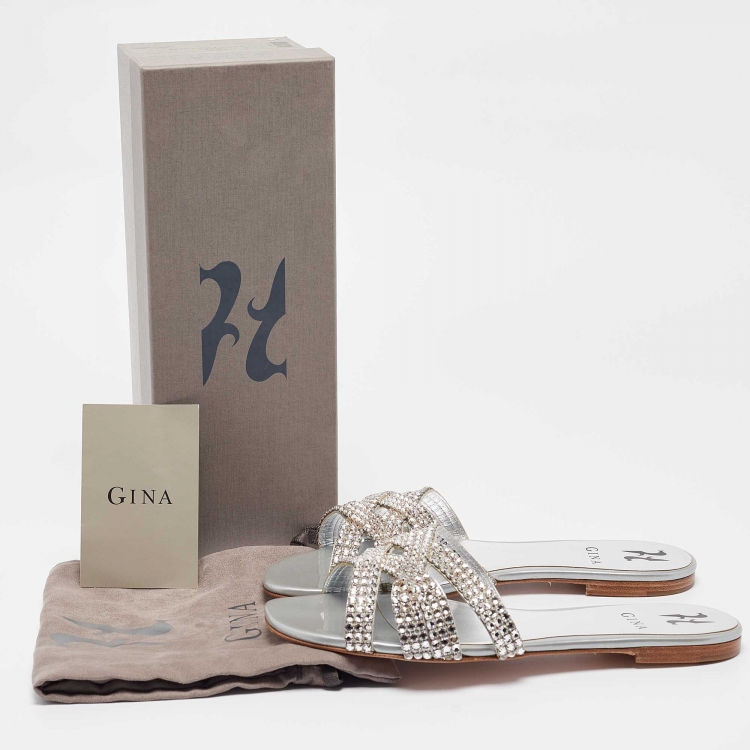 Pre Owned Gina Silver Crystal Embellished Leather Orion Flat Slides Size 39.5