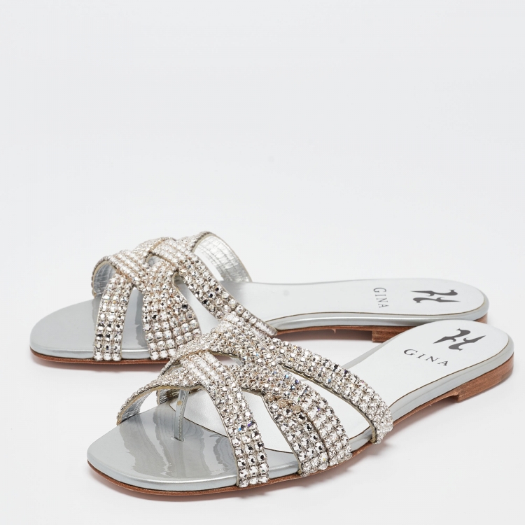 Pre Owned Gina Silver Crystal Embellished Leather Orion Flat Slides Size 39.5