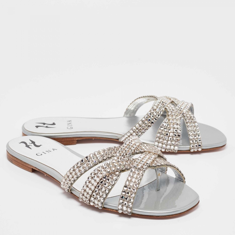 Pre Owned Gina Silver Crystal Embellished Leather Orion Flat Slides Size 39.5