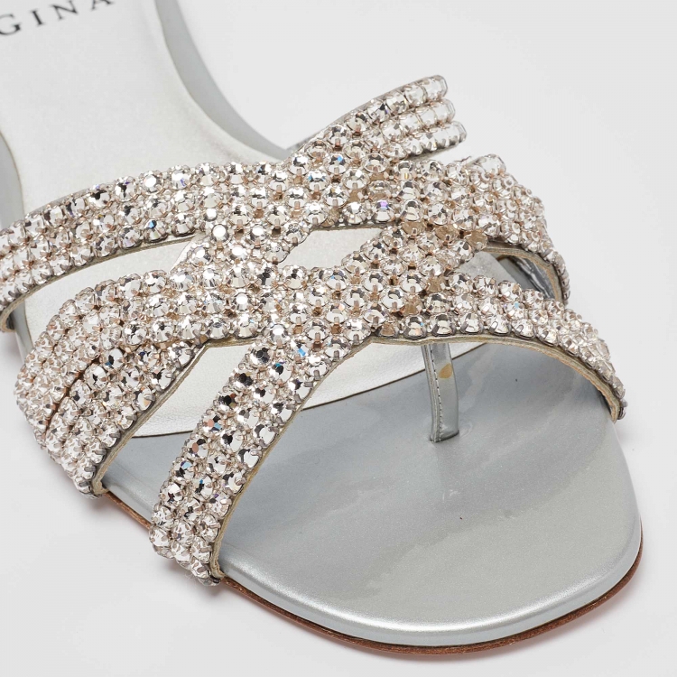 Pre Owned Gina Silver Crystal Embellished Leather Orion Flat Slides Size 39.5