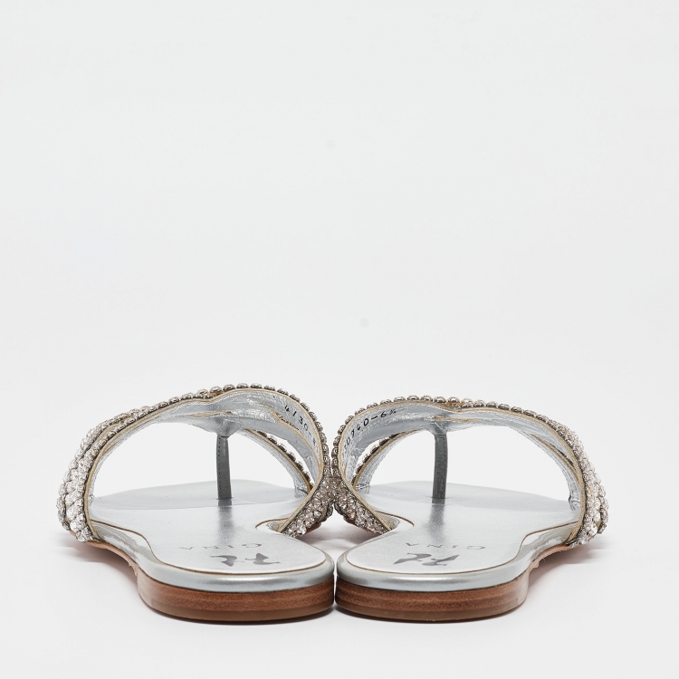 Pre Owned Gina Silver Crystal Embellished Leather Orion Flat Slides Size 39.5
