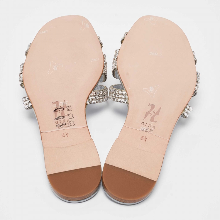 Pre Owned Gina Silver Crystal Embellished Leather Orion Flat Slides Size 39.5
