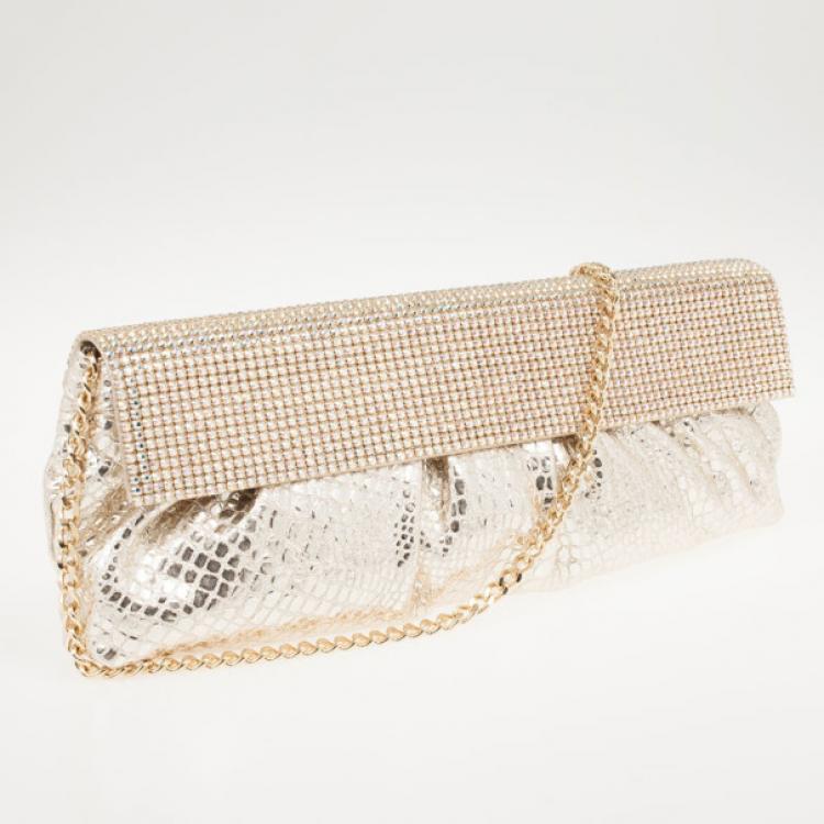 Pre Owned Gina Silver Python Embellished Clutch 