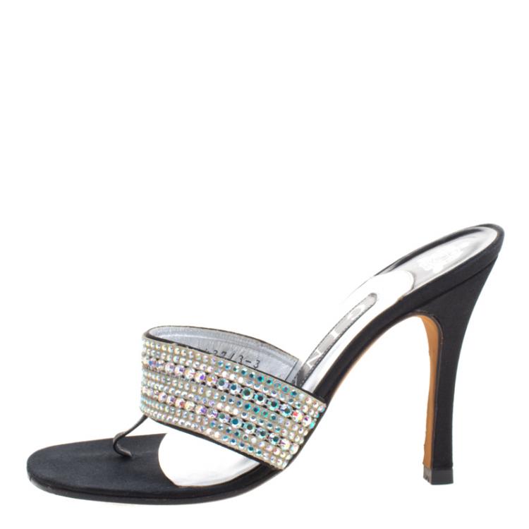 Pre Owned Gina Black Leather Crystal Embellished Sandals Size 36