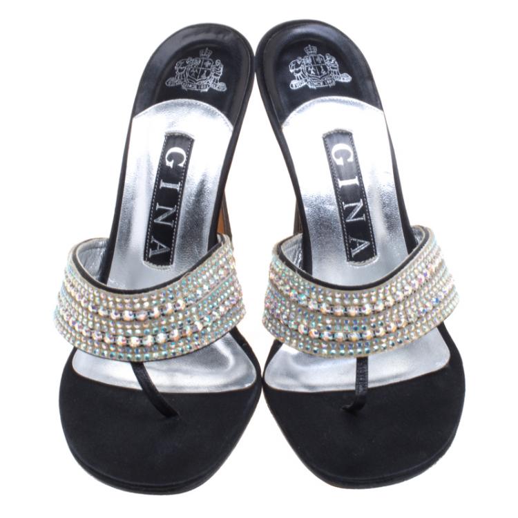 Pre Owned Gina Black Leather Crystal Embellished Sandals Size 36