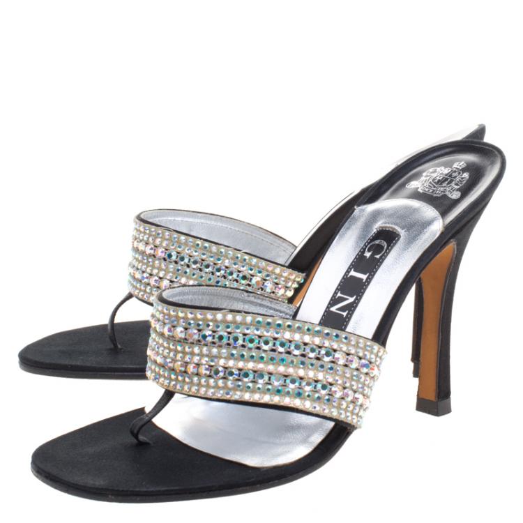 Pre Owned Gina Black Leather Crystal Embellished Sandals Size 36