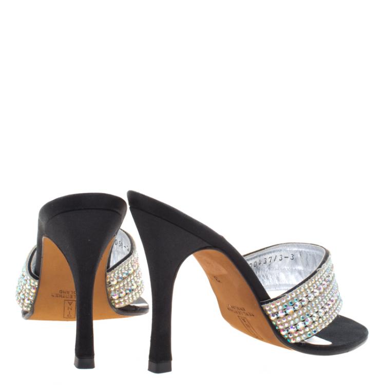 Pre Owned Gina Black Leather Crystal Embellished Sandals Size 36