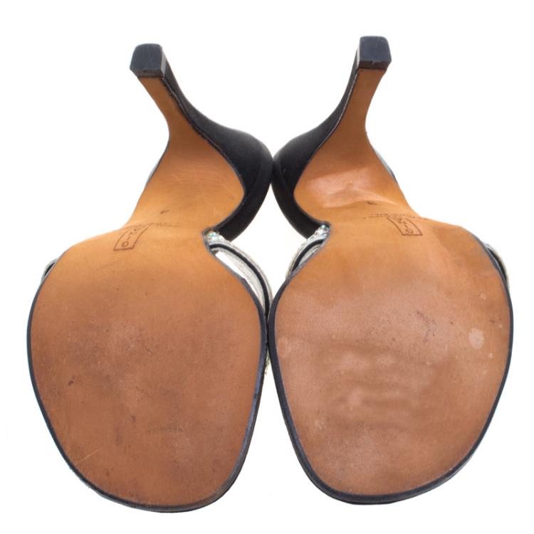 Pre Owned Gina Black Leather Crystal Embellished Sandals Size 36