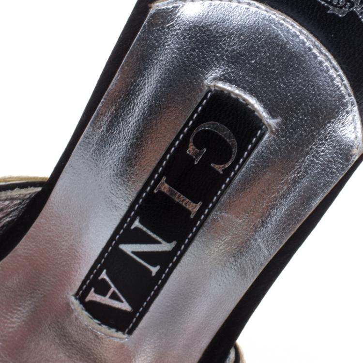 Pre Owned Gina Black Leather Crystal Embellished Sandals Size 36