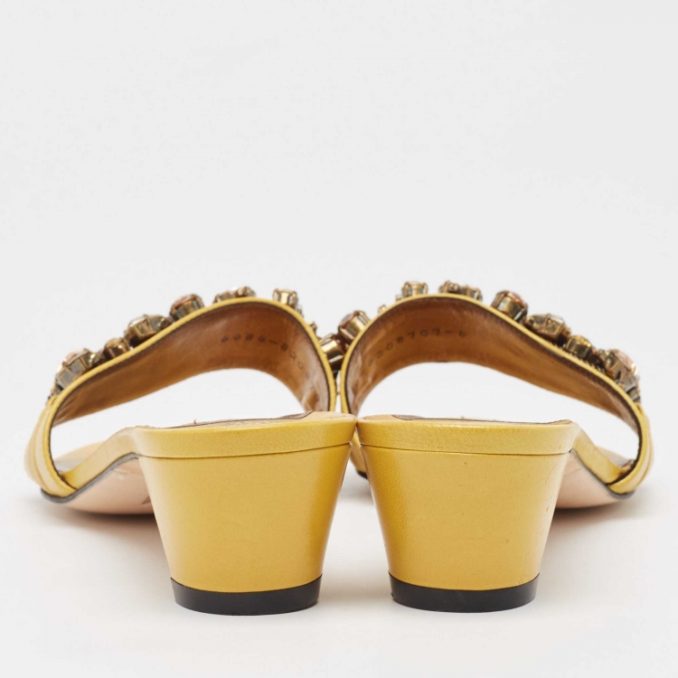Pre Owned Gina Yellow Leather Crystal Embellished Slide Sandals Size 39