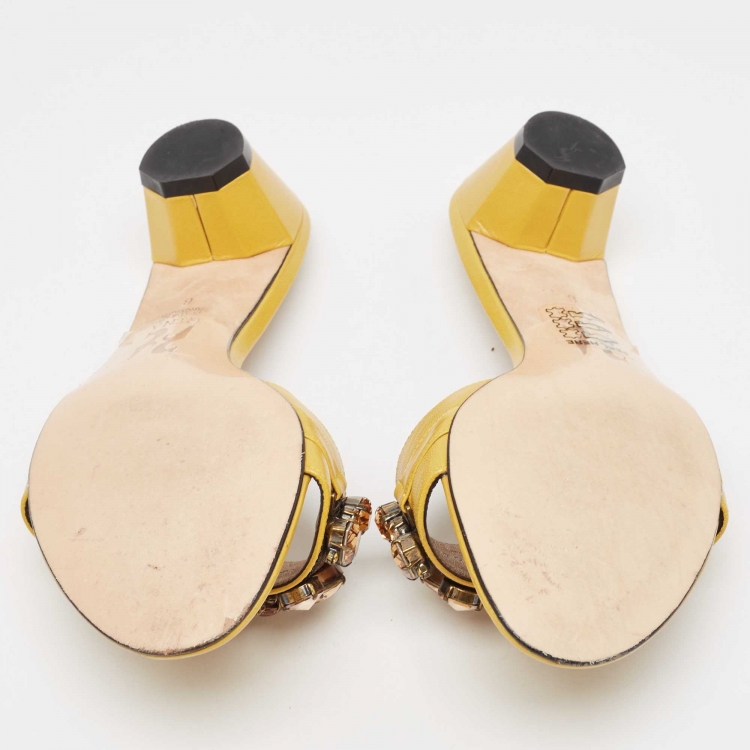 Pre Owned Gina Yellow Leather Crystal Embellished Slide Sandals Size 39