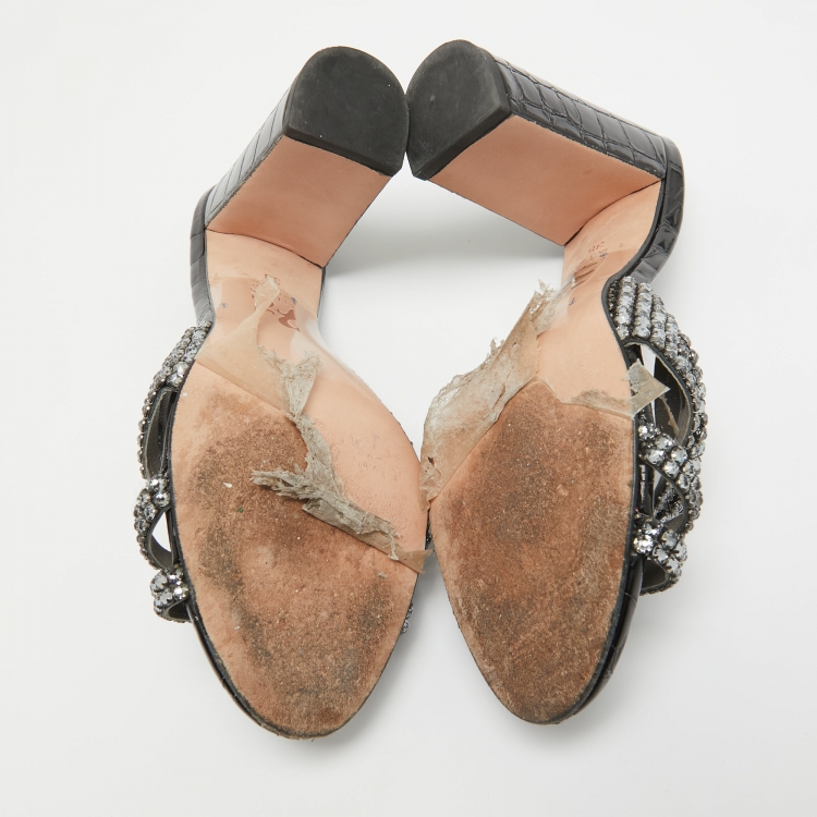 Pre Owned Gina Black Croc Embossed Patent and Leather Rodeo Sandals Size 38