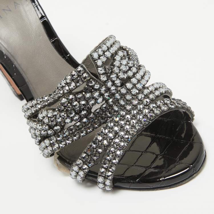 Pre Owned Gina Black Croc Embossed Patent and Leather Rodeo Sandals Size 38